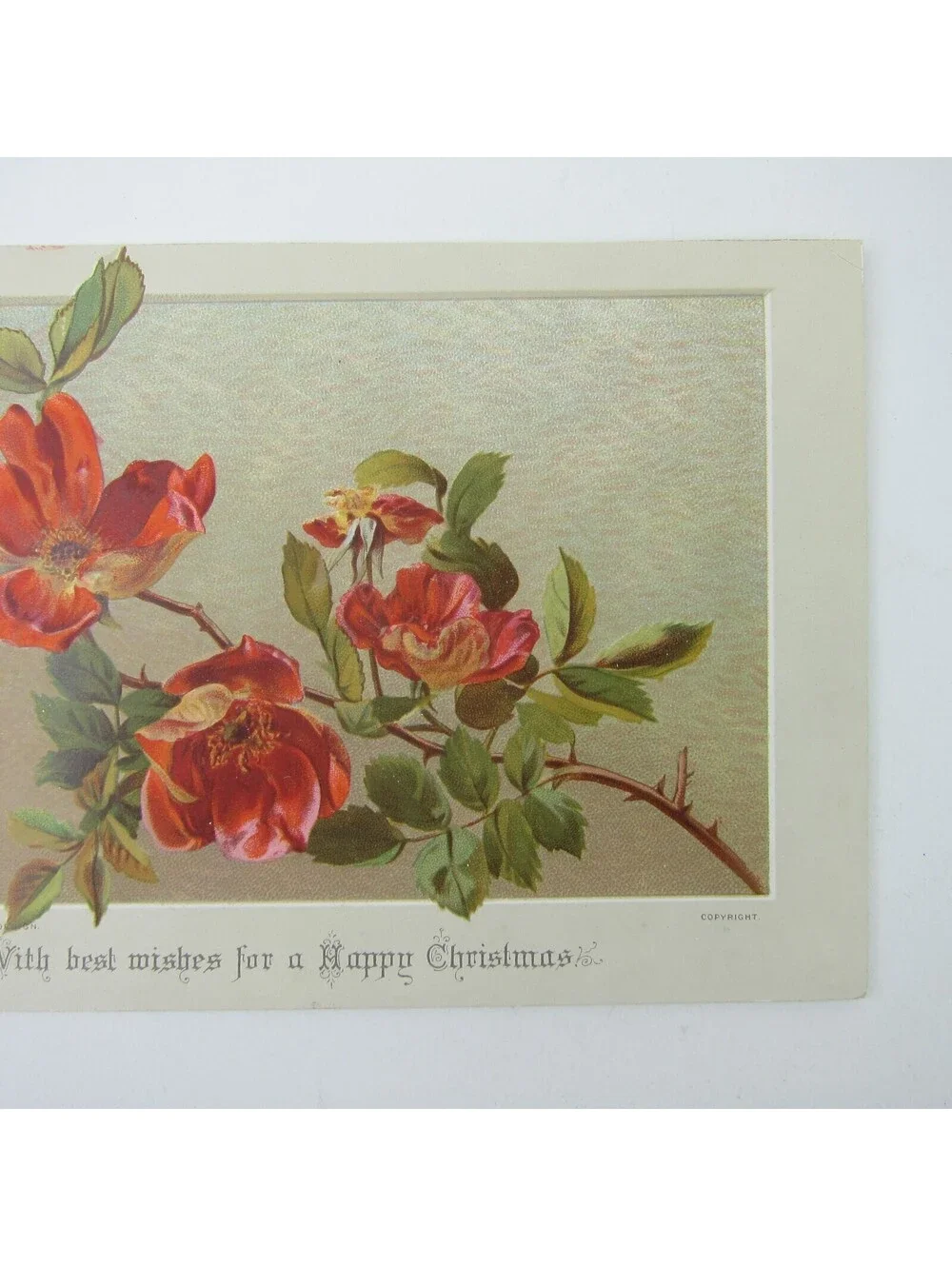 Victorian Christmas Card Red Orange Rose Flowers Hildesheimer & Faulkner Antique